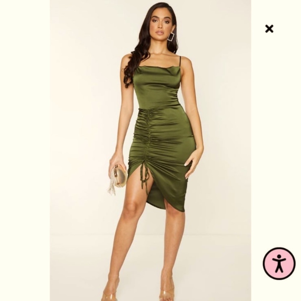 Elegant Olive Green Ruched Dress - Picture 1 of 4